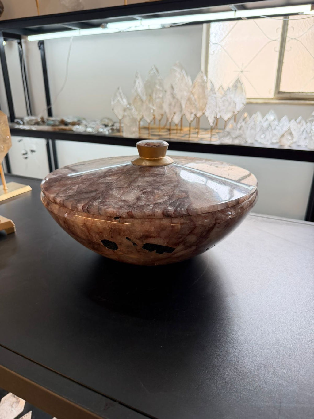 RED HEMATOID QUARTZ LIDDED
BOWL - WITH BLACK TOURMALINE INCLUSION