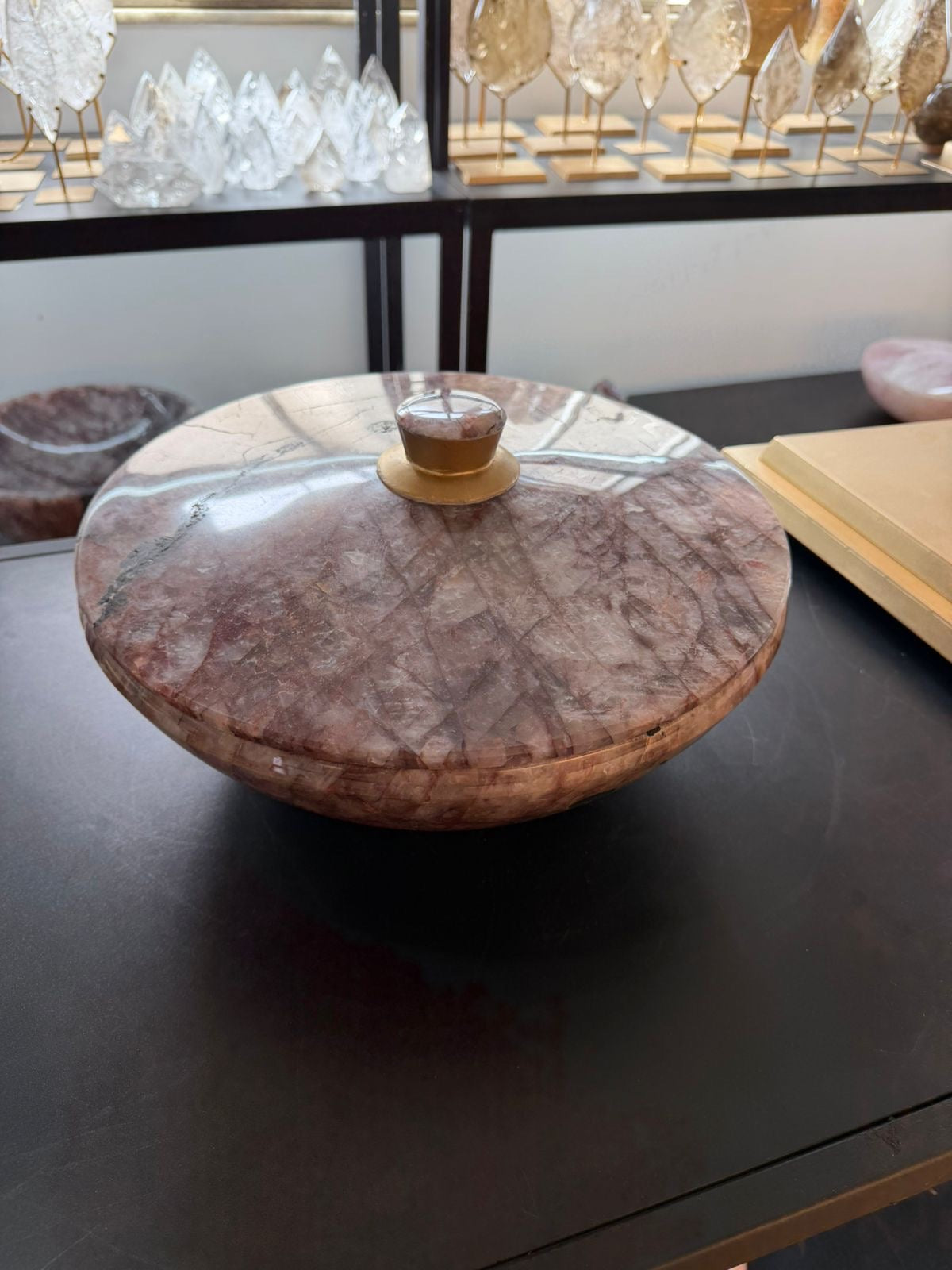 RED HEMATOID QUARTZ LIDDED
BOWL - WITH BLACK TOURMALINE INCLUSION