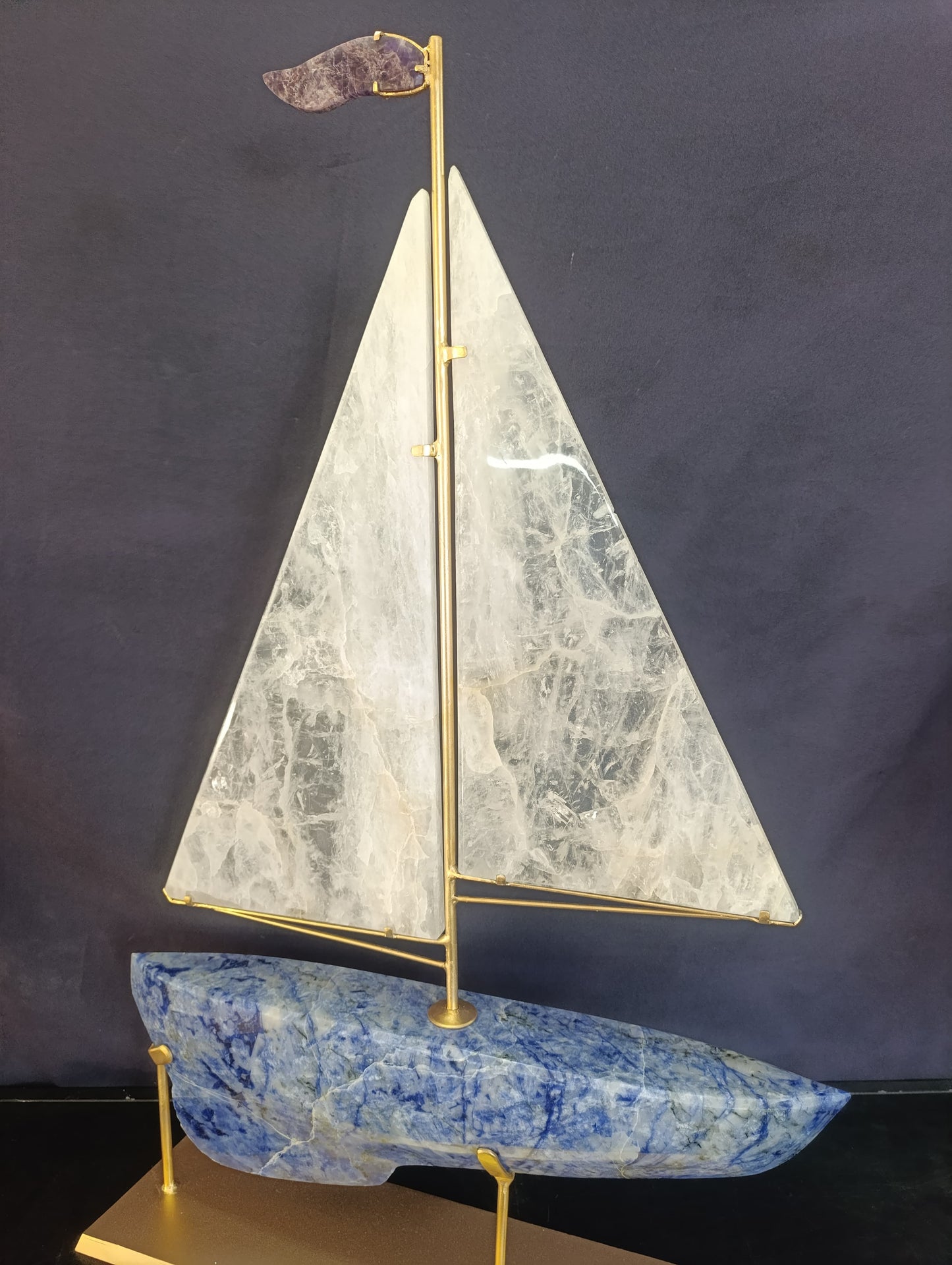 Sodalite Sailboat with Crystal Sails & Amethyst Flag