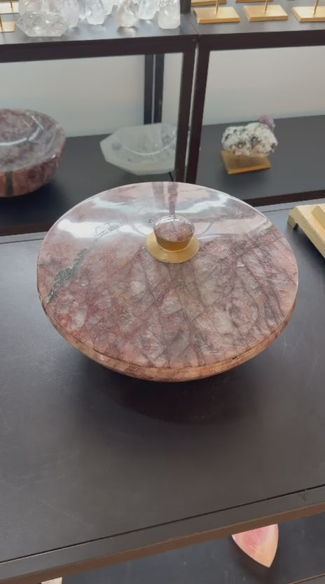 RED HEMATOID QUARTZ LIDDED
BOWL - WITH BLACK TOURMALINE INCLUSION
